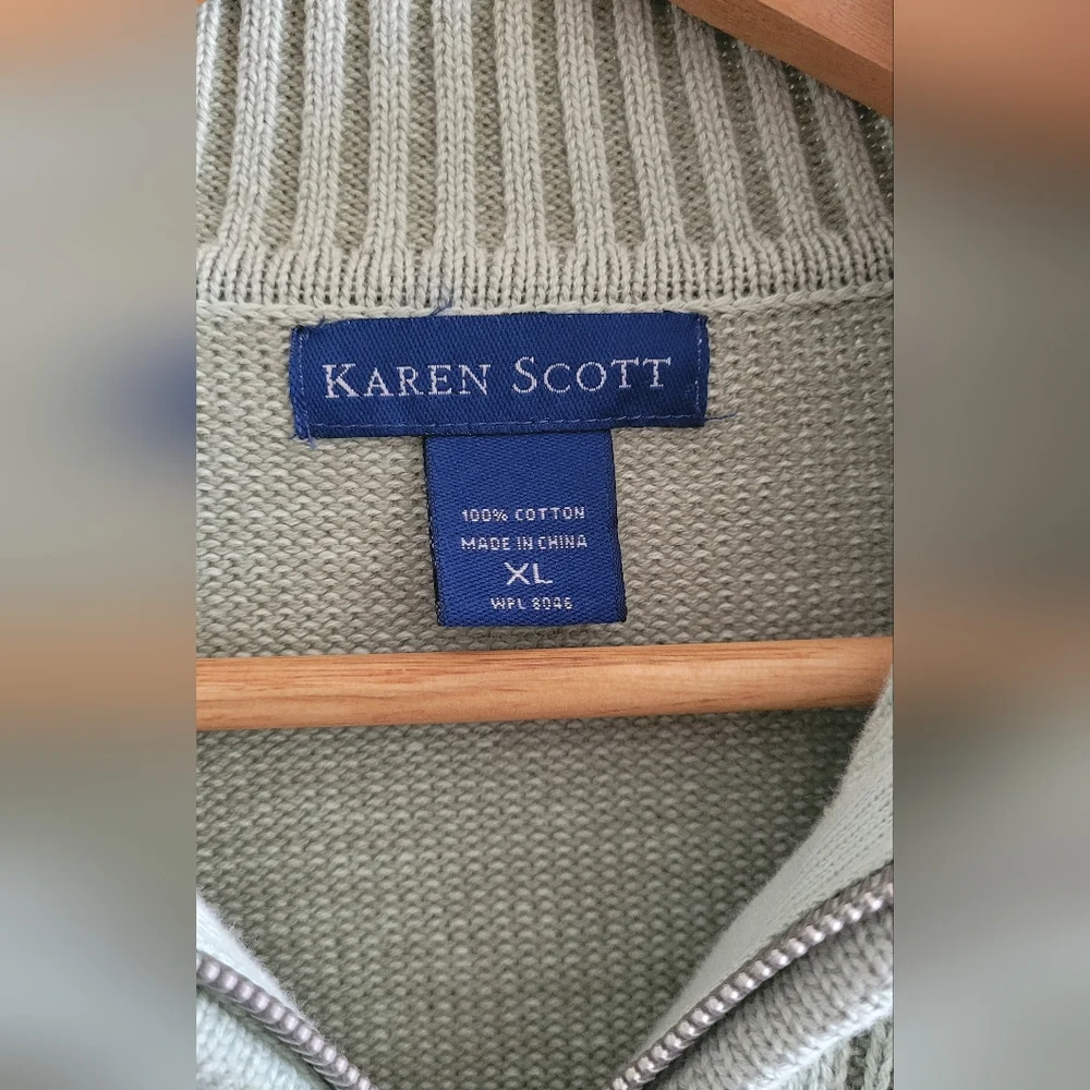 Vtg Karen Scott Cable Knit Quarter Zip Pullover Sweater, Women's XL, Sage Green